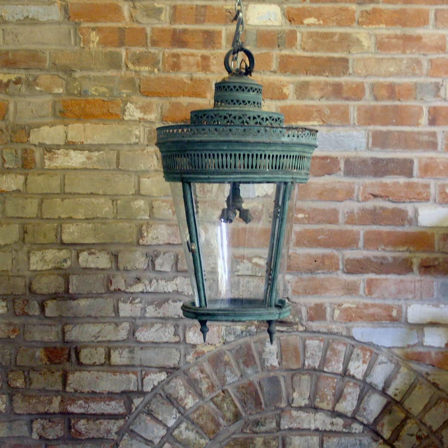 19th Century Verdigris Copper Lantern with Decorative Fret work