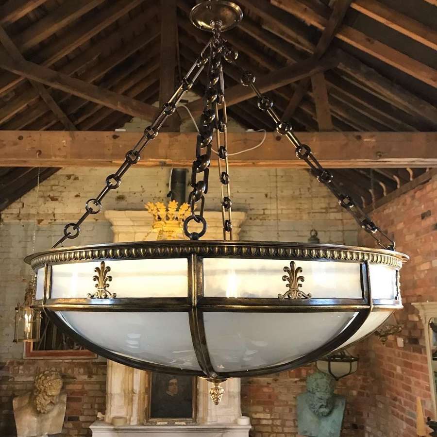 20th Bronze and Opaque Glass Plafoniere Ceiling Light