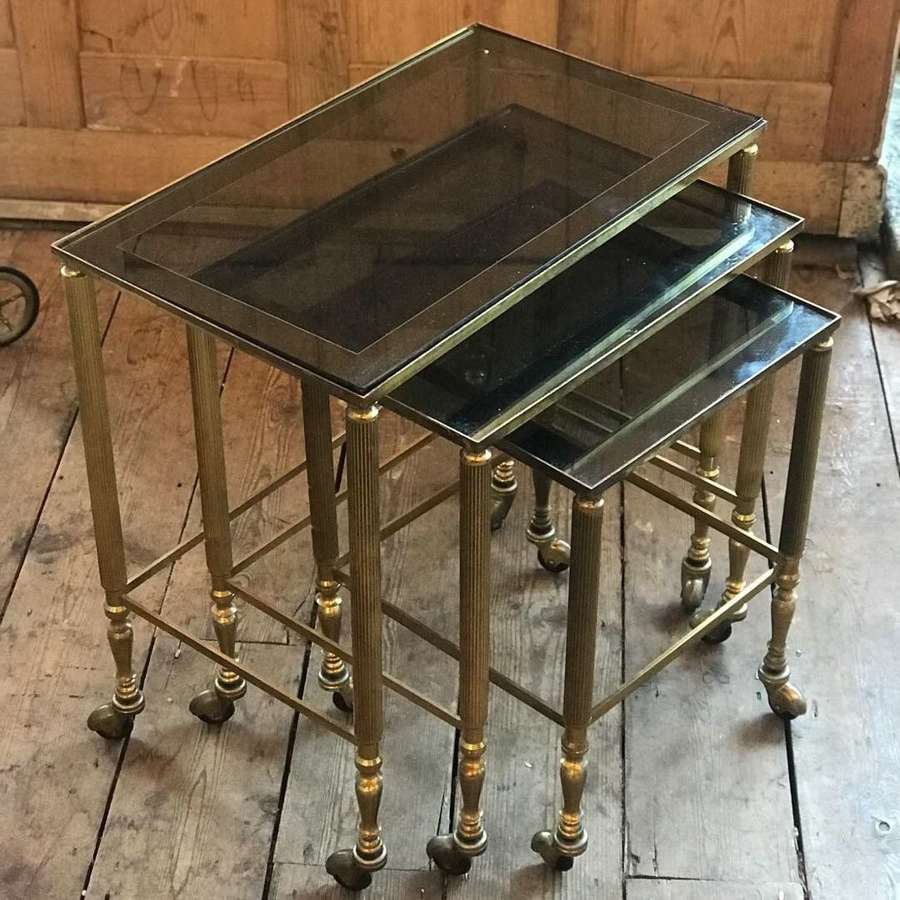 20th Century Brass nest of tables on wheels
