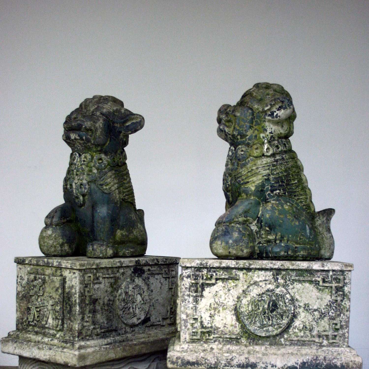 Pair of 20th C Cast Stone Chinese Temple Lions