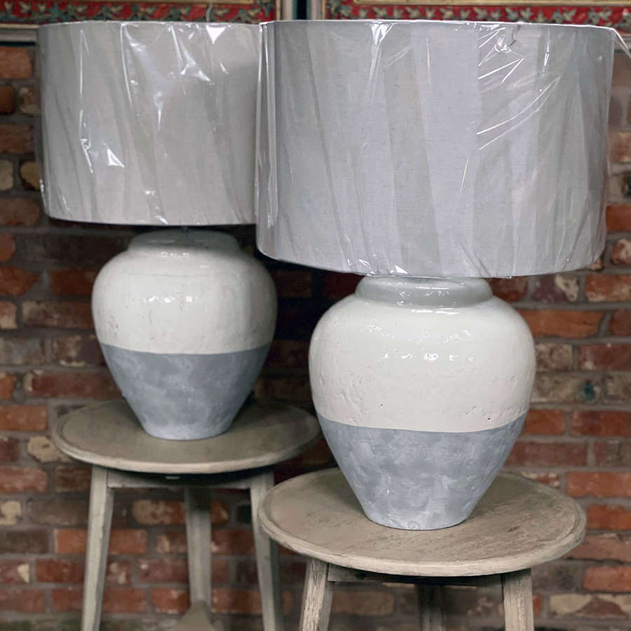 Large Pair of Grey and White Porcelain Table Lamps Inc. Shades