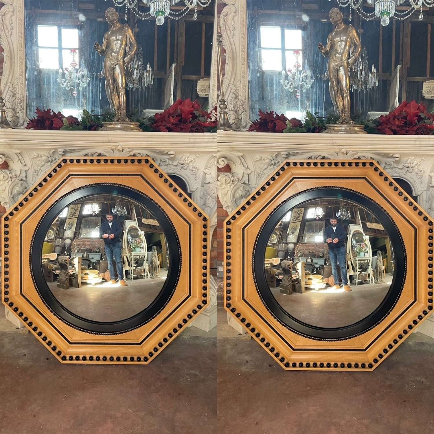 Large pair of Bespoke Hexagonal framed Convex Mirrors in a Biedermeier