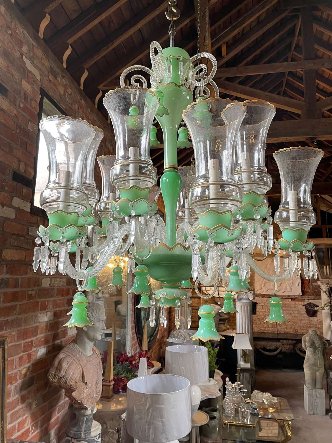 19th century Green Bohemian glass 12 arm chandelier.