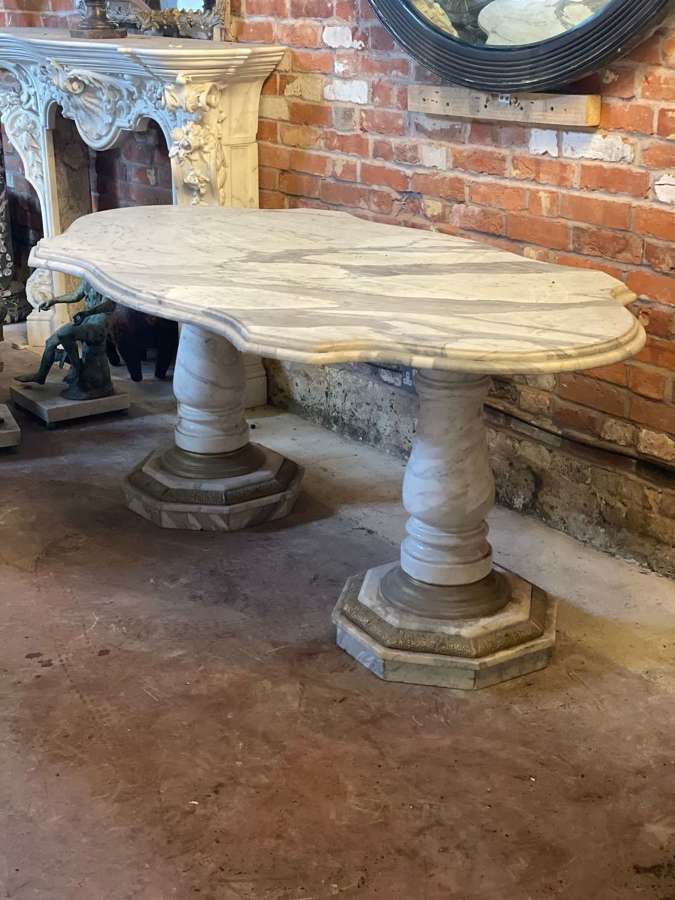 Large 20th century twin pedestal Carrara marble center table