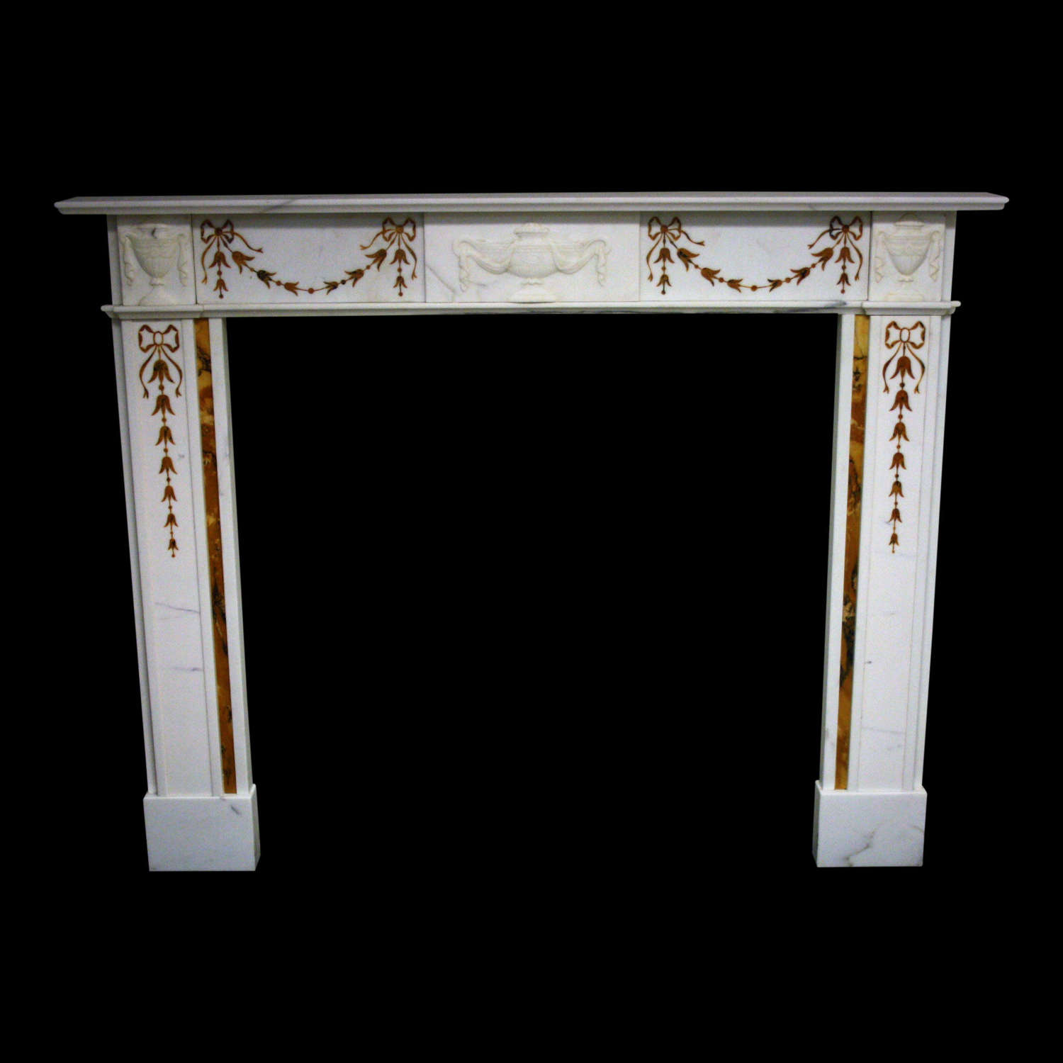 20th century statuary white marble and sienna inlay fireplace